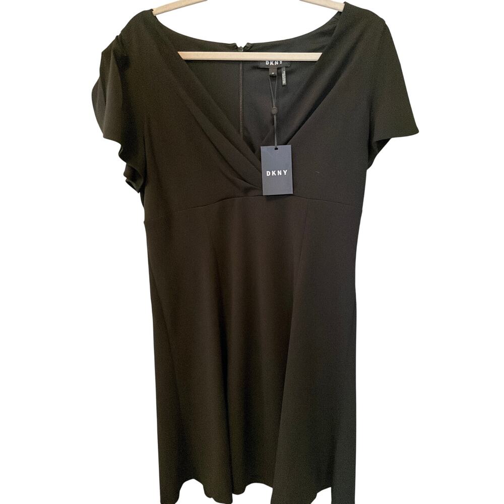 DKNY Black Dress Women's Size 12 Flutter Sleeves Minimalist Wedding Guest Chic